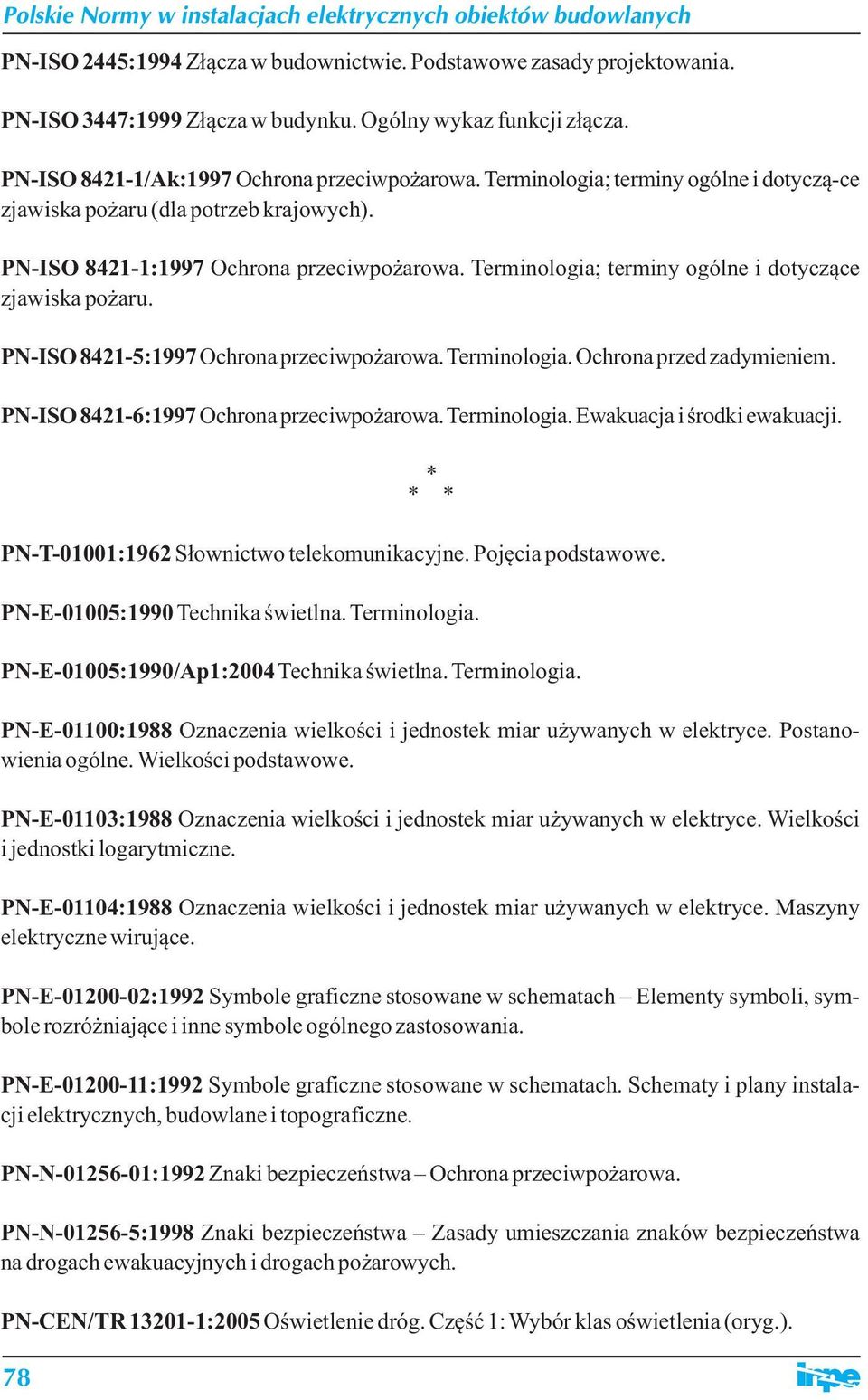 PN-ISO 8421-5:1997 Ochrona przeciwpożarowa. Terminologia. Ochrona przed zadymieniem. PN-ISO 8421-6:1997 Ochrona przeciwpożarowa. Terminologia. Ewakuacja i środki ewakuacji.