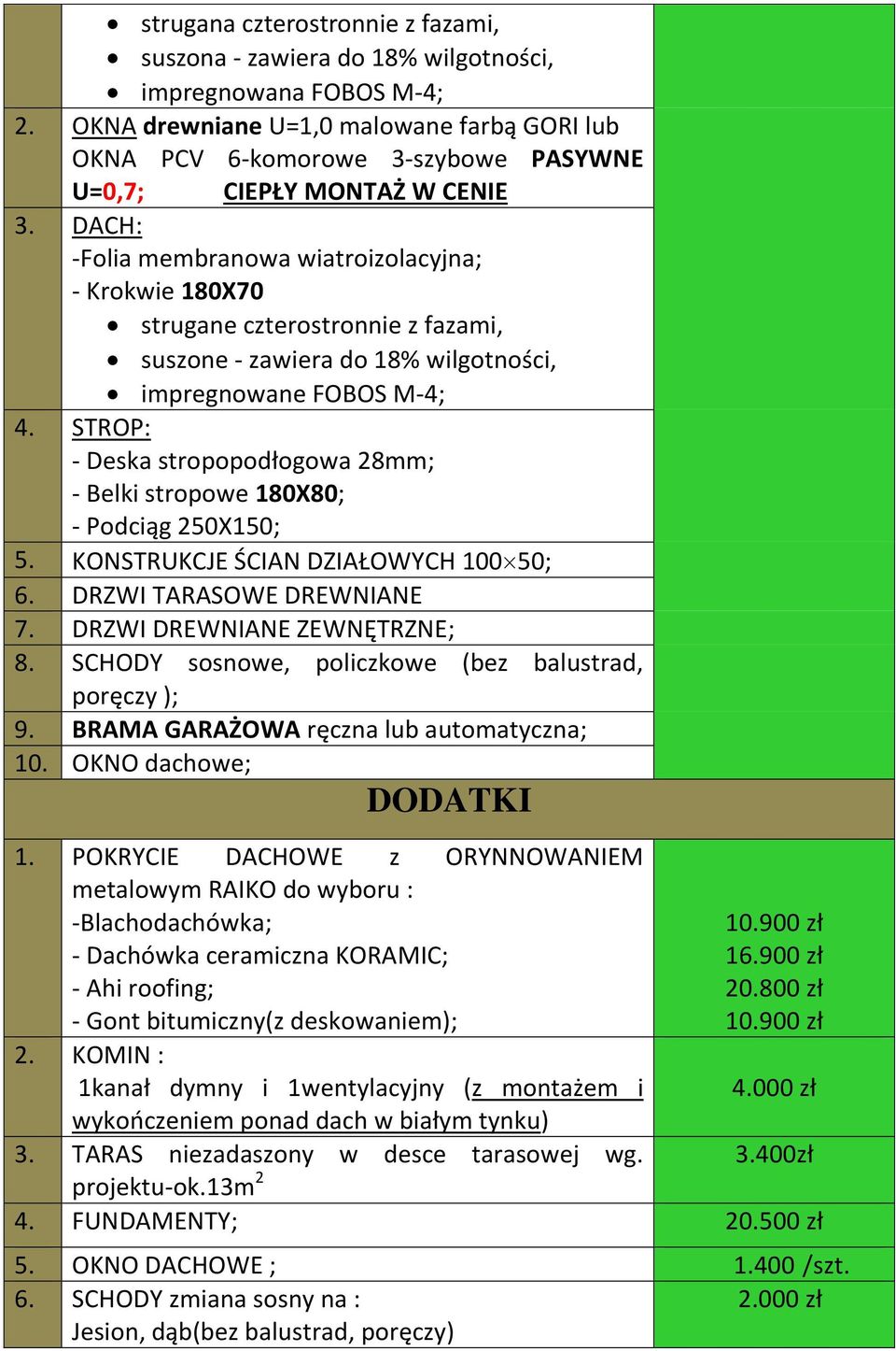 DACH: -Folia membranowa wiatroizolacyjna; - Krokwie 180X70 strugane czterostronnie z fazami, suszone - zawiera do 18% wilgotności, impregnowane FOBOS M-4; 4.