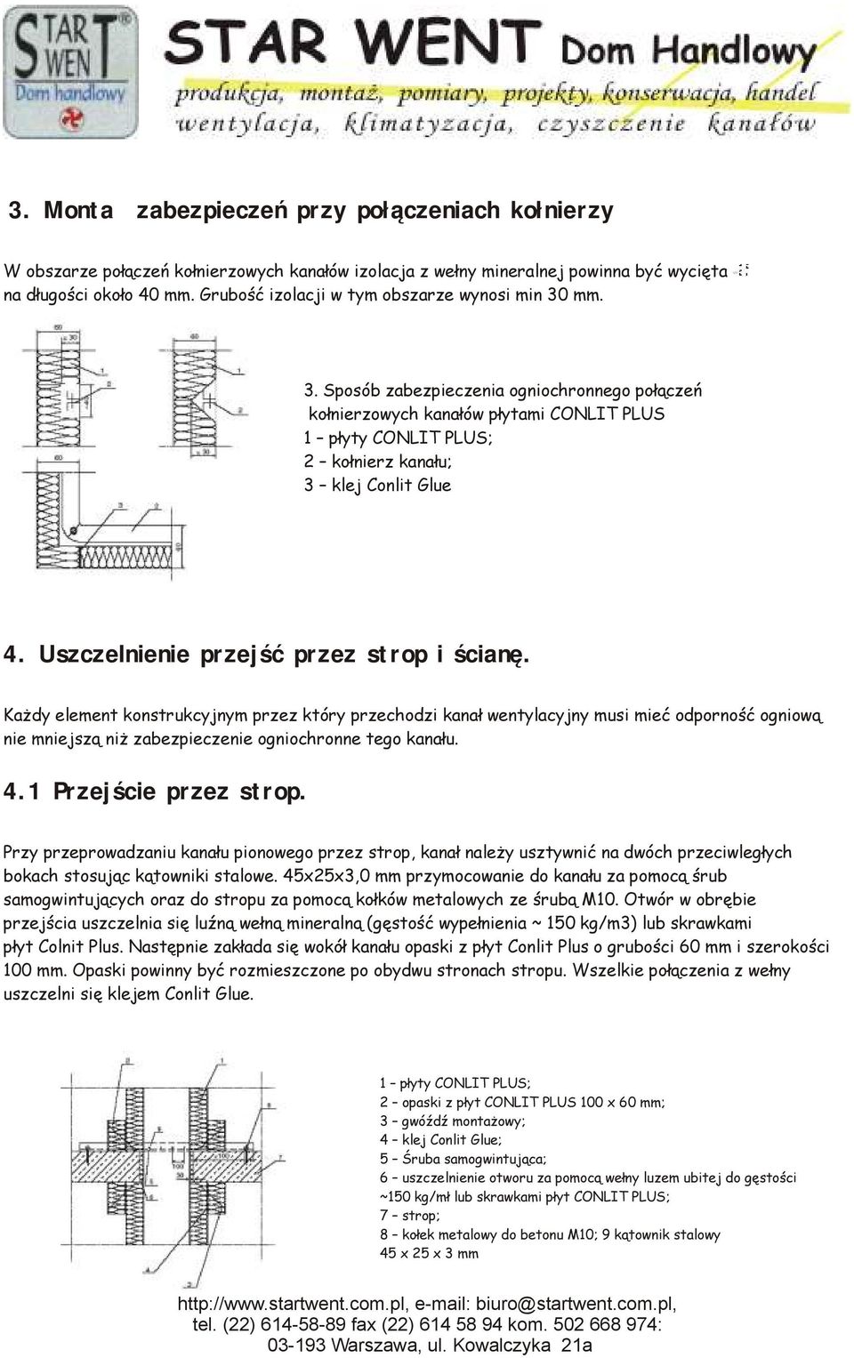 Grubość izolacji w tym obszarze wynosi min 30 mm. 3. Sposób zabezpieczenia ogniochronnego połączeń kołnierzowych kanałów płytami CONLIT PLUS 1 płyty CONLIT PLUS; 2 kołnierz kanału; 3 klej Conlit Glue 4.