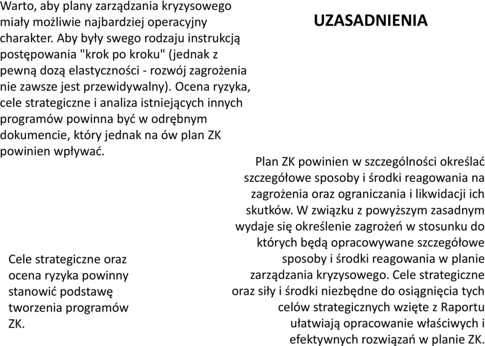 Ocena ryzyka, cele strategiczne i analiza istniejących innych programów powinna być w odrębnym dokumencie, który jednak na ów plan ZK powinien wpływać.