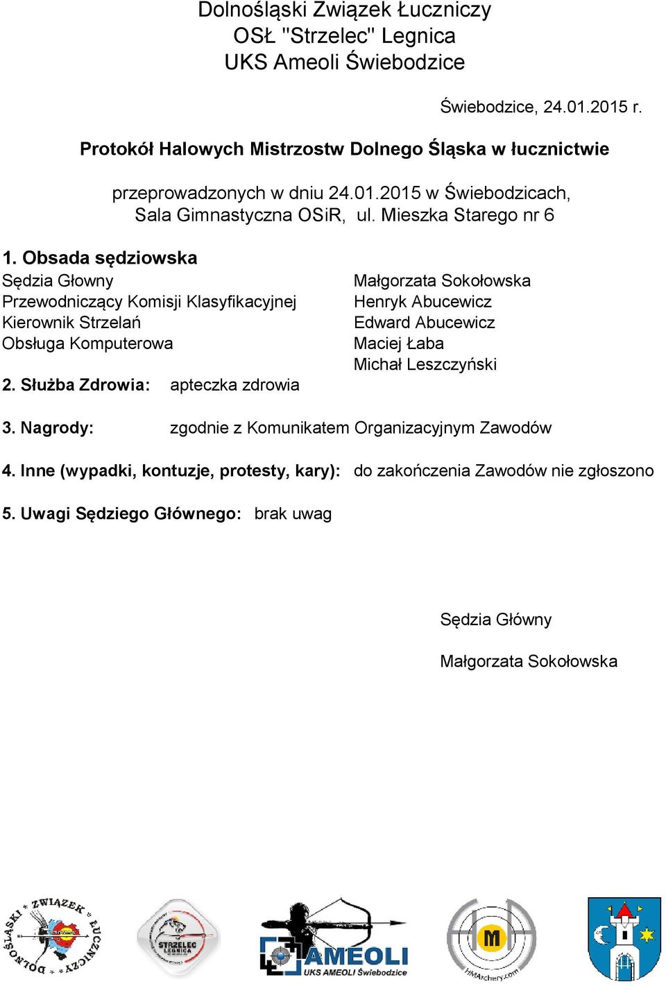 Obsada sędziowska Sędzia Głowny Przewodniczący Komisji Klasyfikacyjnej Kierownik Strzelań Obsługa Komputerowa 2.