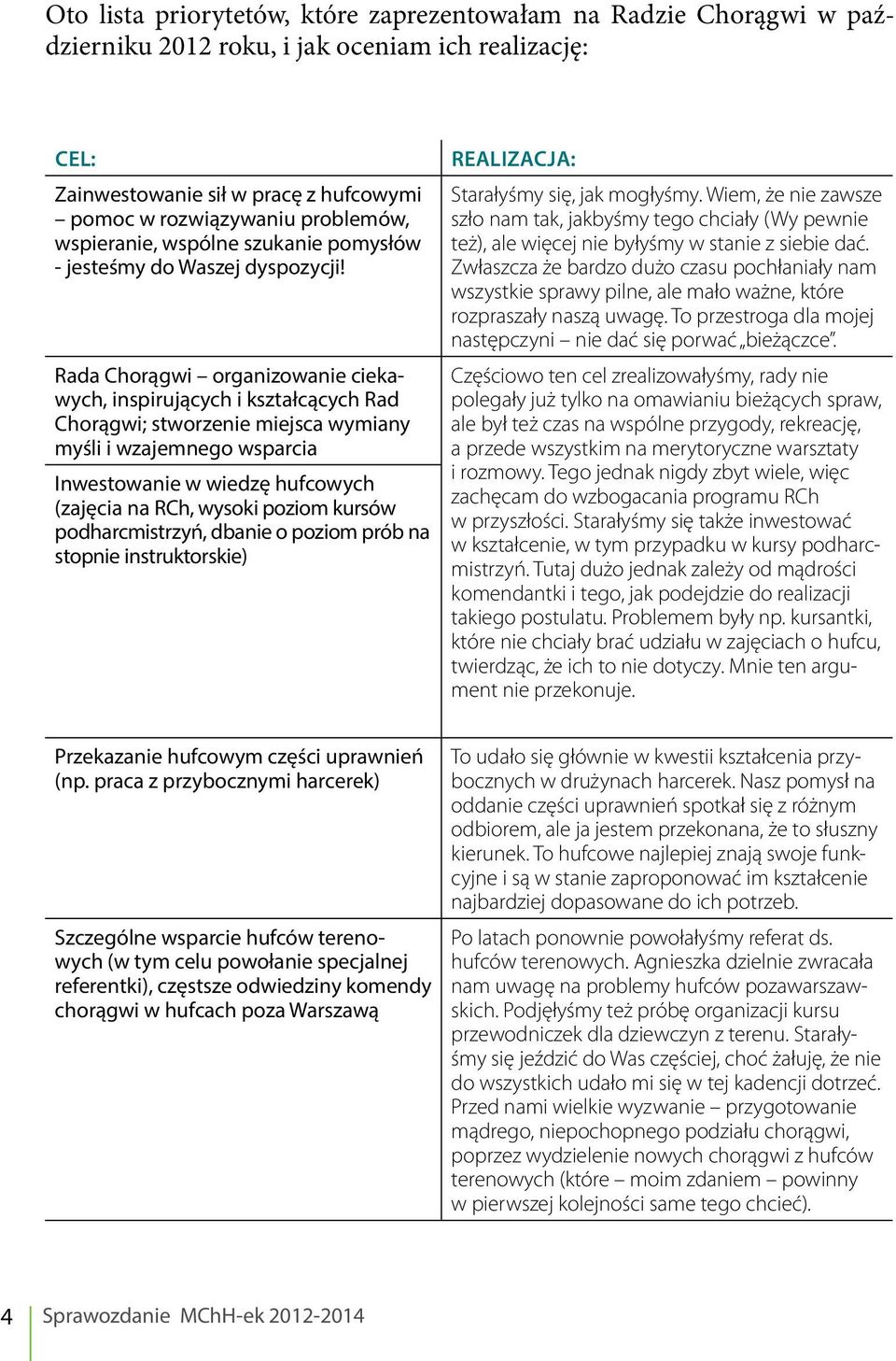 Rada Chorągwi organizowanie ciekawych, inspirujących i kształcących Rad Chorągwi; stworzenie miejsca wymiany myśli i wzajemnego wsparcia Inwestowanie w wiedzę hufcowych (zajęcia na RCh, wysoki poziom