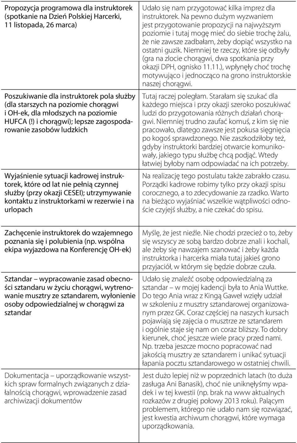 ) i chorągwi); lepsze zagospodarowanie zasobów ludzkich Wyjaśnienie sytuacji kadrowej instruktorek, które od lat nie pełnią czynnej służby (przy okazji CESEI); utrzymywanie kontaktu z instruktorkami
