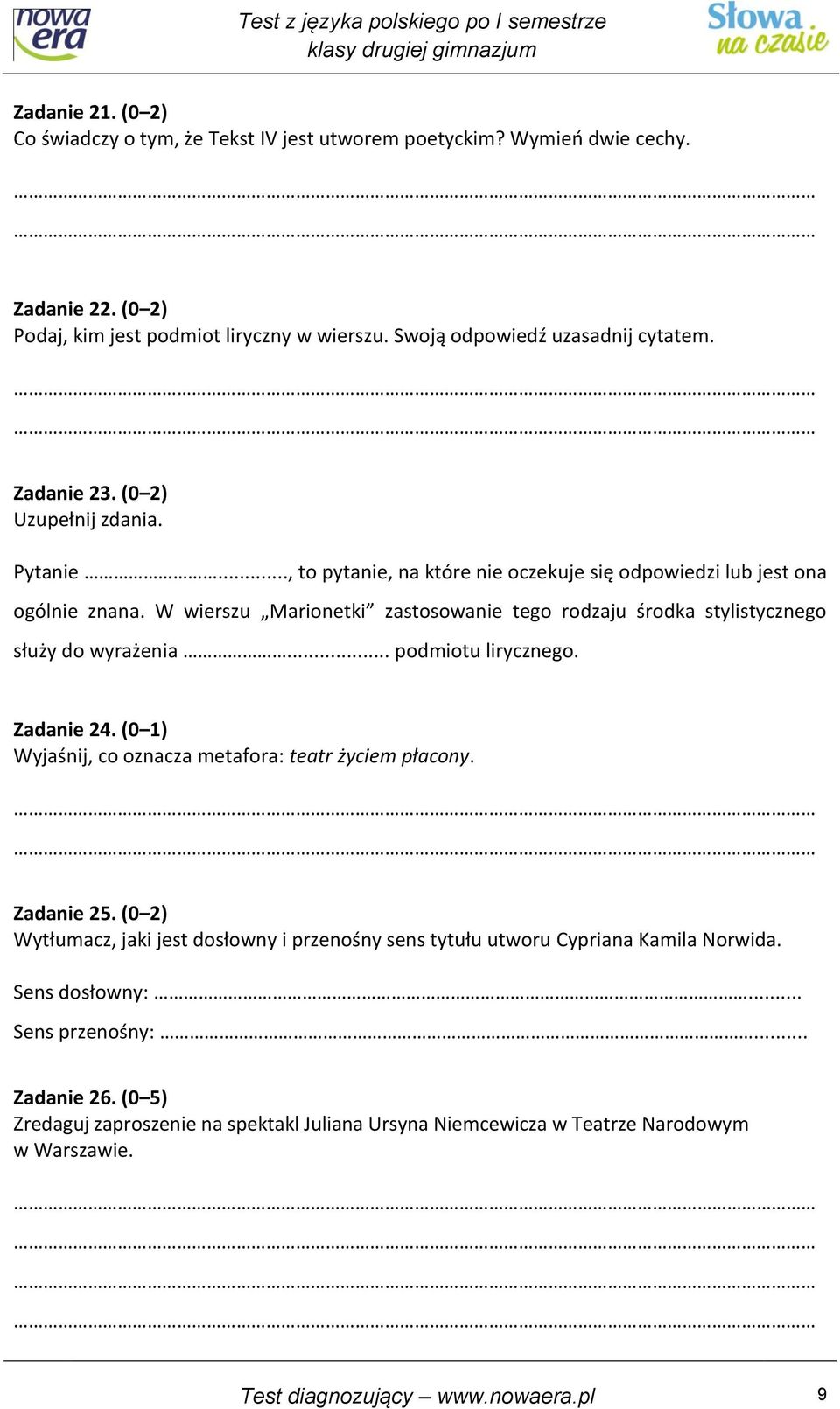 Test Diagnostyczny Z Języka Polskiego Klasa 6 Nowa Era TEST Z JĘZYKA POLSKIEGO PO I SEMESTRZE KLASY DRUGIEJ GIMNAZJUM WOKÓŁ