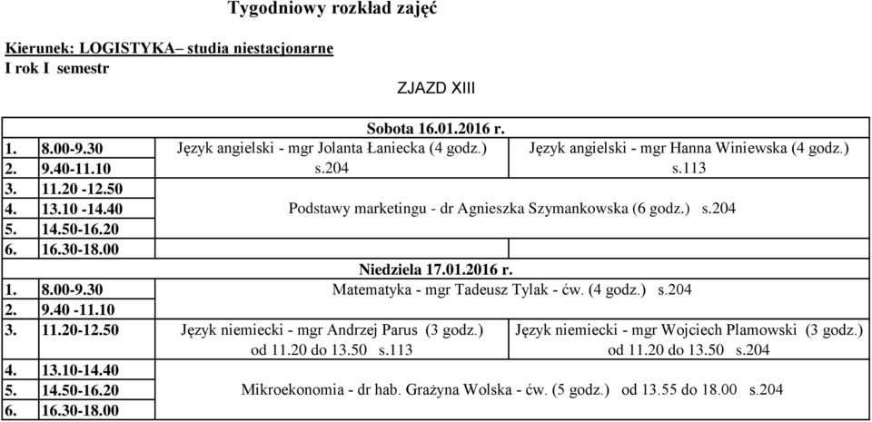 113 Podstawy marketingu - dr Agnieszka Szymankowska (6 godz.) s.204 Matematyka - mgr Tadeusz Tylak - ćw. (4 godz.) s.204 Język niemiecki - mgr Wojciech Plamowski (3 godz.