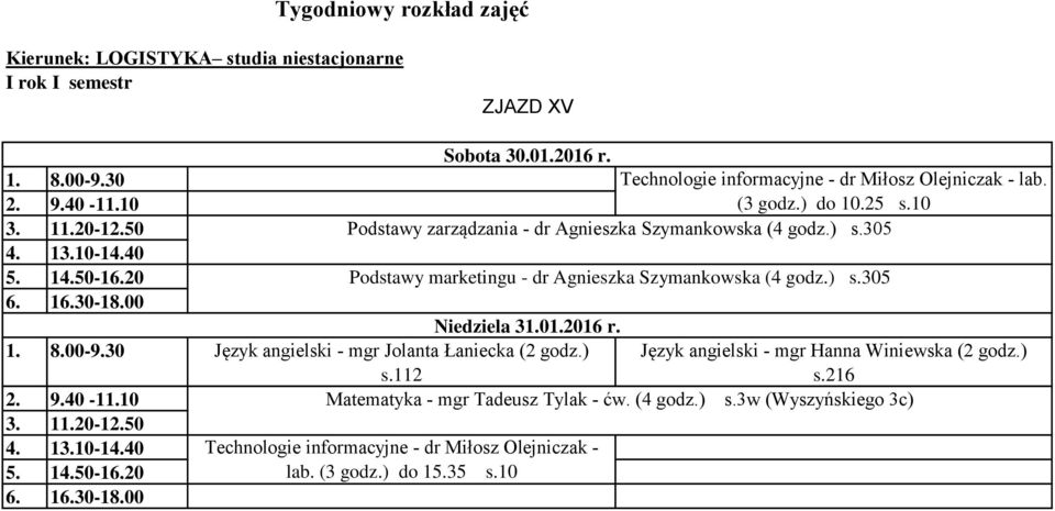 01.2016 r. Język angielski - mgr Jolanta Łaniecka (2 godz.) s.112 Język angielski - mgr Hanna Winiewska (2 godz.) s.216 Matematyka - mgr Tadeusz Tylak - ćw.