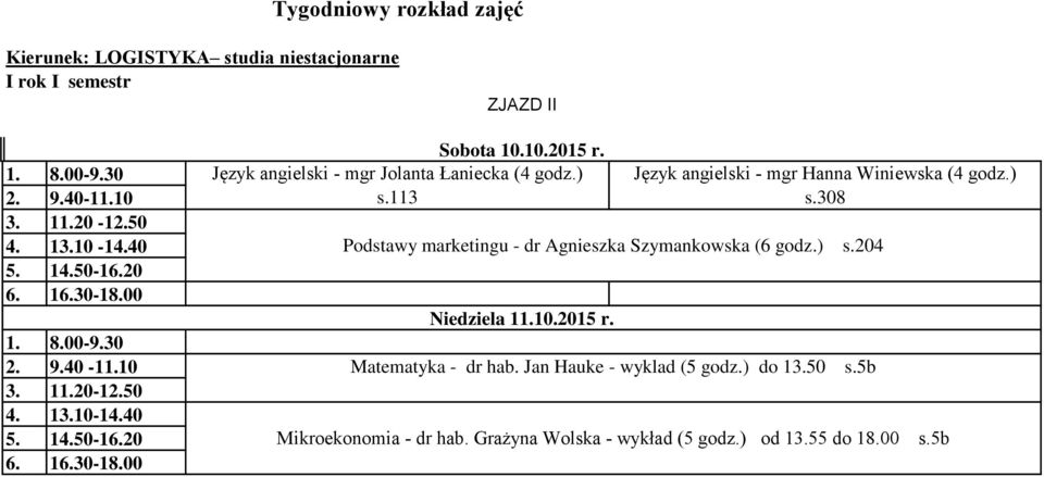 308 Podstawy marketingu - dr Agnieszka Szymankowska (6 godz.) s.204 Matematyka - dr hab.