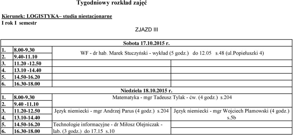 204 Technologie informacyjne - dr Miłosz Olejniczak - lab. (3 godz.) do 17.15 s.