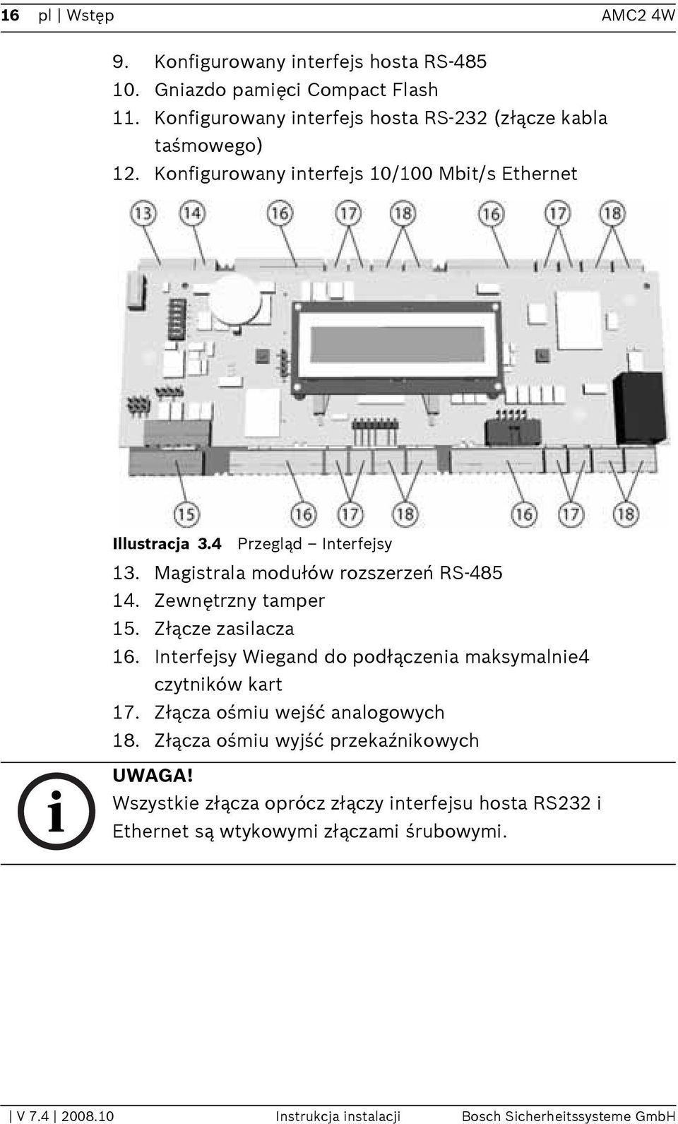 Magistrala modułów rozszerzeń RS-485 14. Zewnętrzny tamper 15. Złącze zasilacza 16. Interfejsy Wiegand do podłączenia maksymalnie4 czytników kart 17.
