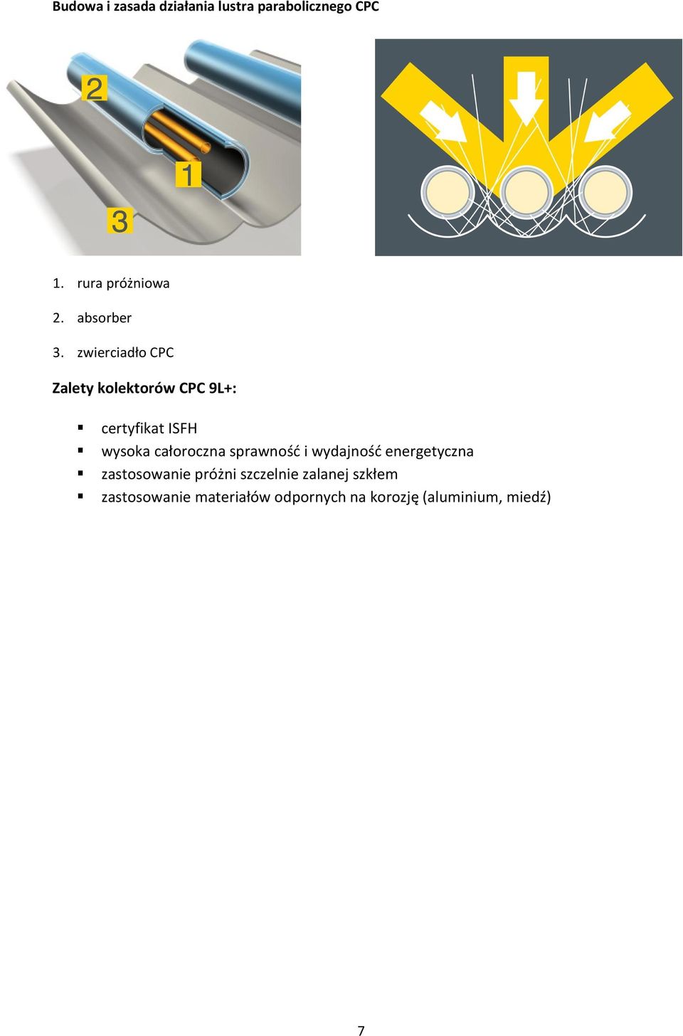 zwierciadło CPC Zalety kolektorów CPC 9L+: certyfikat ISFH wysoka całoroczna