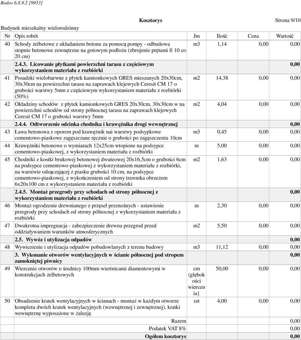 Licowanie płytkami powierzchni tarasu z częściowym wykorzystaniem materiału z rozbiórki 41 Posadzki wielobarwne z płytek kamionkowych GRES mieszanych 20x30cm, m2 14,38 30x30cm na powierzchni tarasu