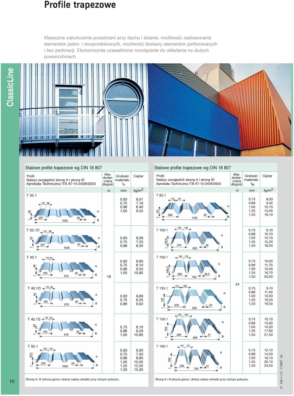 Profil materiału Ciężar Należy uwzględnić stronę A i stronę B! Aprobata Techniczna ITB AT-15-3428/2003 t N m mm kg/m 2 T 35.1 0,63 6,01 0,75 7,16 0,88 8,40 1,00 9,55 Profil Max.