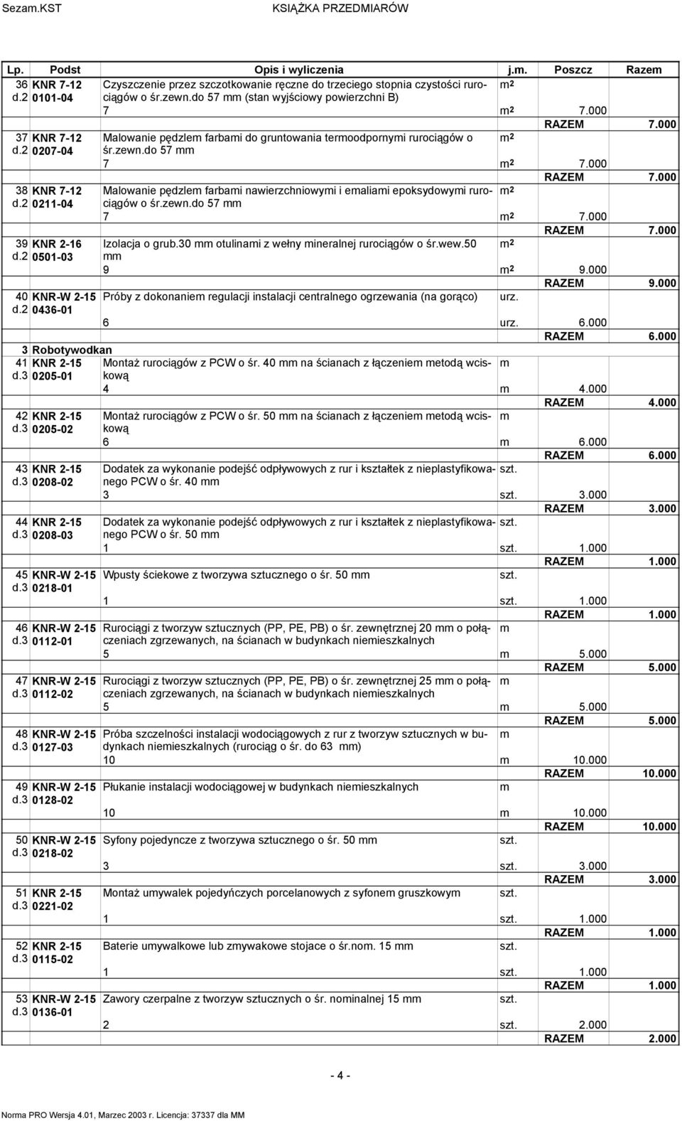 2 0211-04 o śr.zewn.do 57 7 2 7.000 RAZEM 7.000 39 KNR 2-16 Izolacja o grub.30 otulinai z wełny ineralnej rurociągów o śr.wew.50 2 d.2 0501-03 9 2 9.000 RAZEM 9.