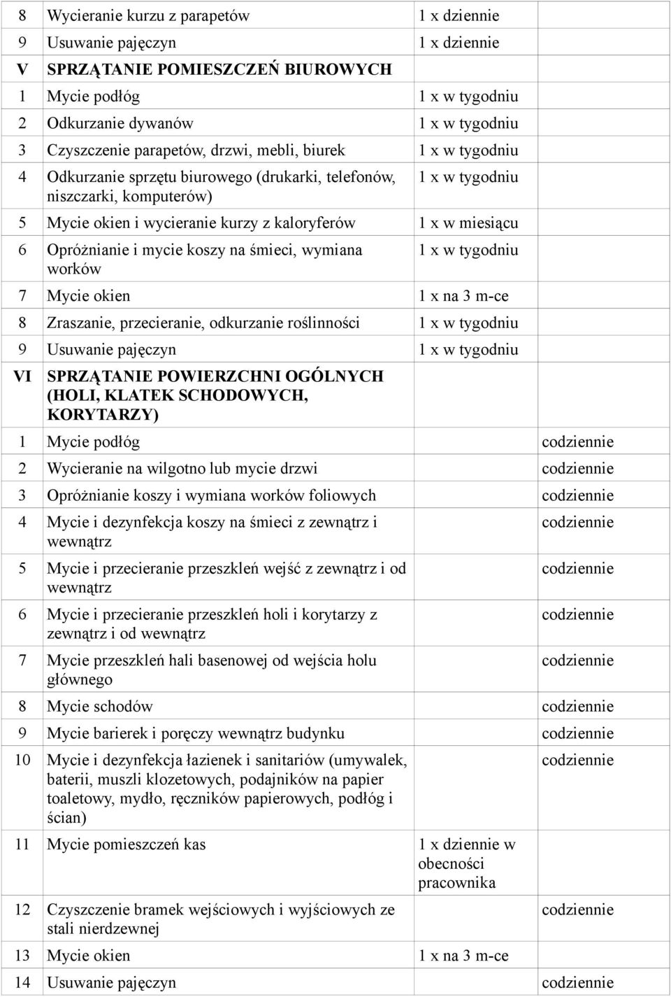 6 Opróżnianie i mycie koszy na śmieci, wymiana worków 1 x w tygodniu 7 ycie okien 1 x na 3 m-ce 8 Zraszanie, przecieranie, odkurzanie roślinności 1 x w tygodniu 9 Usuwanie pajęczyn 1 x w tygodniu VI