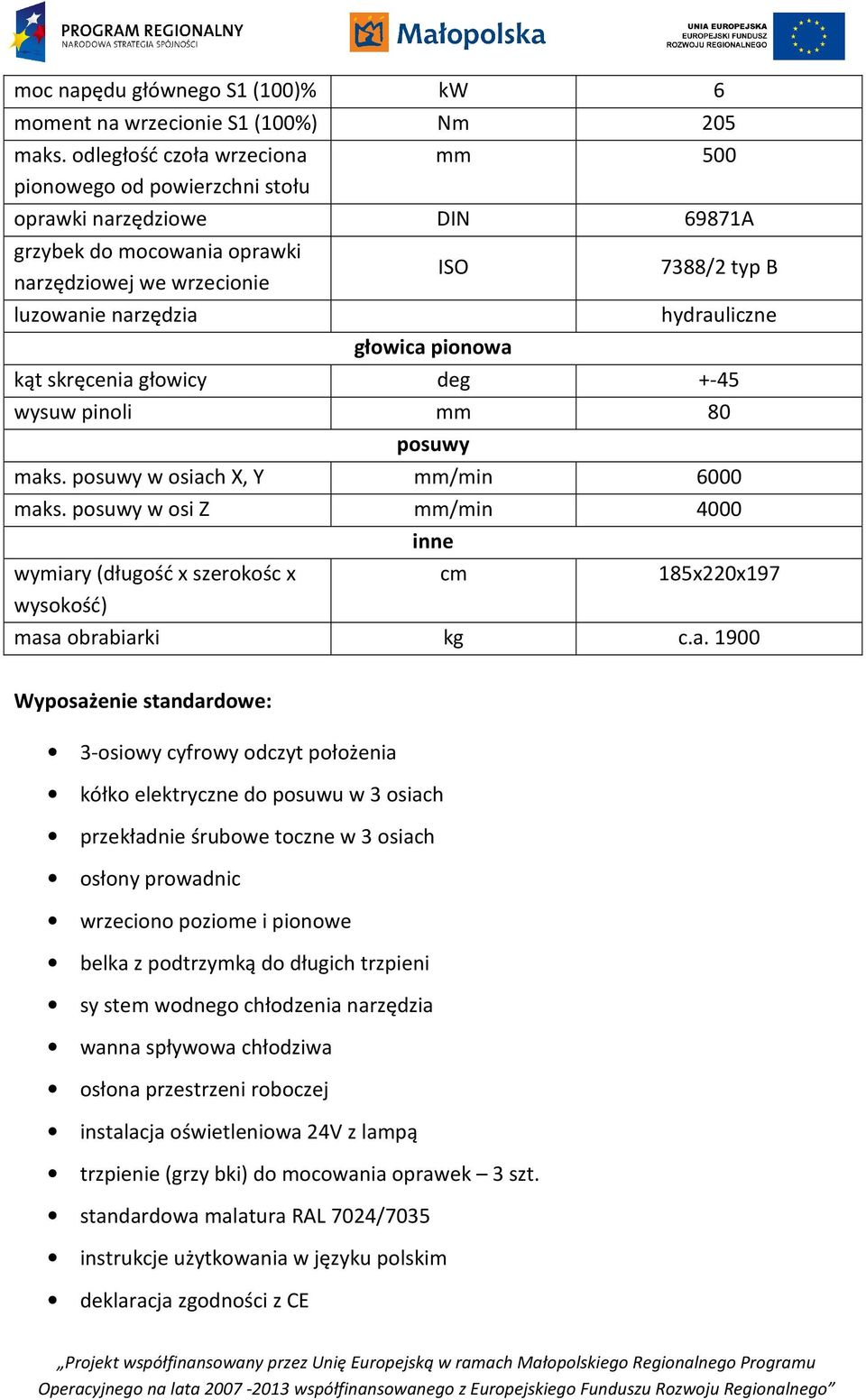 typ B hydrauliczne kąt skręcenia głowicy deg +-45 wysuw pinoli mm 80 posuwy maks. posuwy w osiach X, Y mm/min 6000 maks.