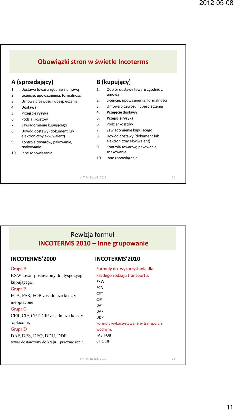 Odbiór dostawy towaru zgodnie z umową 2. Licencje, upoważnienia, formalności 3. Umowa przewozu i ubezpieczenia 4. Przejęcie dostawy 5. Przejście ryzyka 6. Podział kosztów 7.