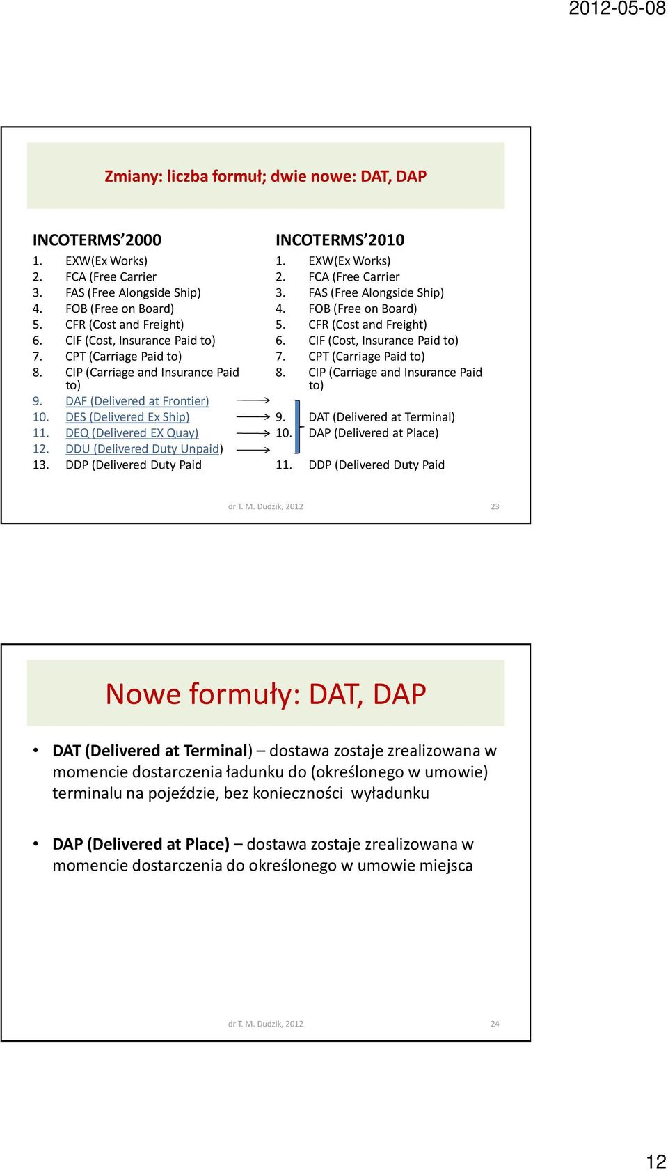 DDU (Delivered Duty Unpaid) 13. DDP (Delivered Duty Paid INCOTERMS 2010 1. EXW(Ex Works) 2. FCA (Free Carrier 3. FAS (Free Alongside Ship) 4. FOB (Free on Board) 5. CFR (Cost and Freight) 6.