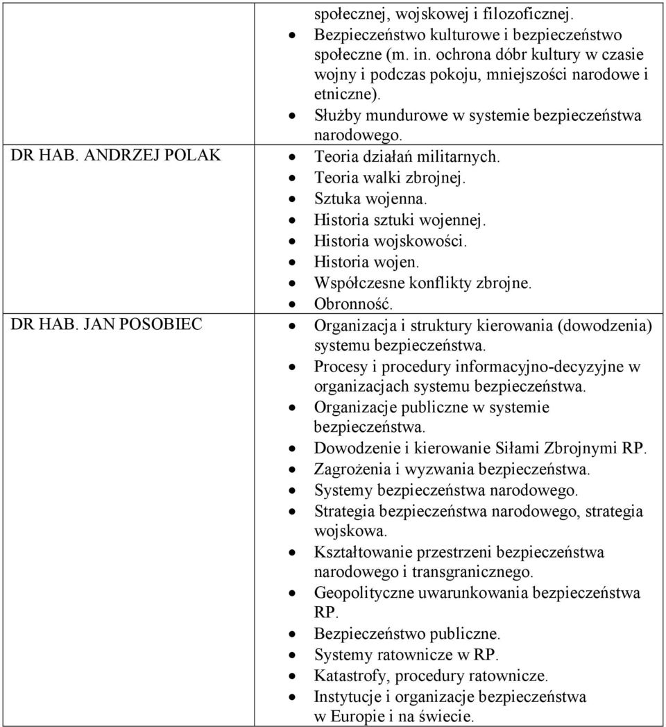 Sztuka wojenna. Historia sztuki wojennej. Historia wojskowości. Historia wojen. Współczesne konflikty zbrojne. Obronność. Organizacja i struktury kierowania (dowodzenia) systemu bezpieczeństwa.