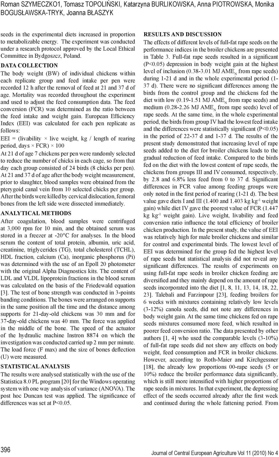 DATA COLLECTION The body weight (BW) of individual chickens within each replicate group and feed intake per pen were recorded 12 h after the removal of feed at 21 and 37 d of age.
