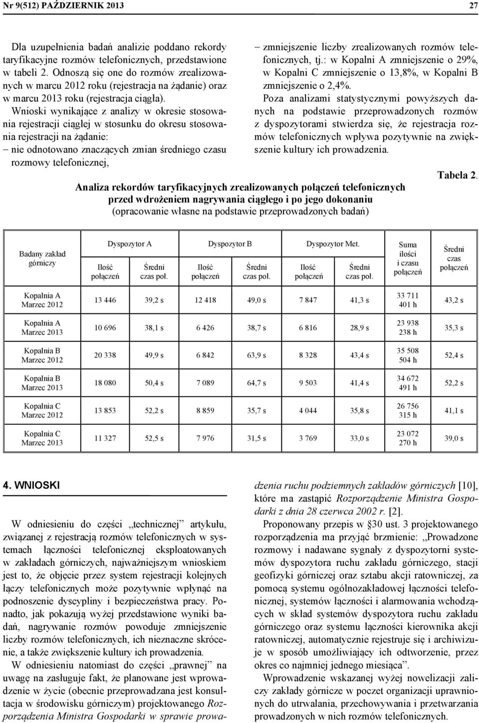 Wnioski wynikające z analizy w okresie stosowania rejestracji ciągłej w stosunku do okresu stosowania rejestracji na żądanie: nie odnotowano znaczących zmian średniego czasu rozmowy telefonicznej,