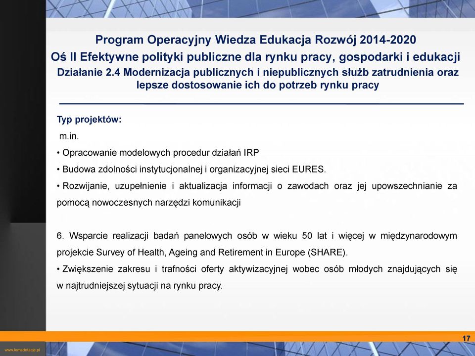 Opracowanie modelowych procedur działań IRP Budowa zdolności instytucjonalnej i organizacyjnej sieci EURES.