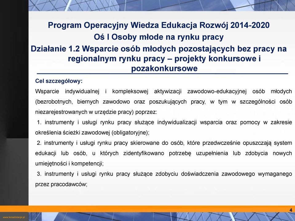 osób młodych (bezrobotnych, biernych zawodowo oraz poszukujących pracy, w tym w szczególności osób niezarejestrowanych w urzędzie pracy) poprzez: 1.