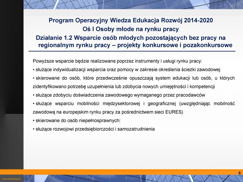 indywidualizacji wsparcia oraz pomocy w zakresie określenia ścieżki zawodowej skierowane do osób, które przedwcześnie opuszczają system edukacji lub osób, u których zidentyfikowano potrzebę