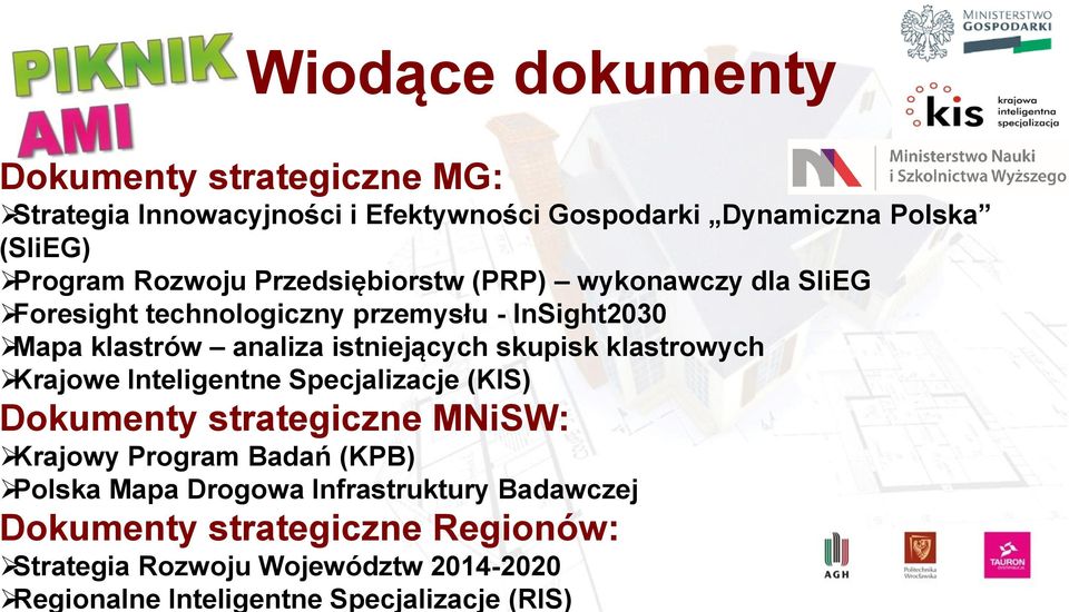 skupisk klastrowych Krajowe Inteligentne Specjalizacje (KIS) Dokumenty strategiczne MNiSW: Krajowy Program Badań (KPB) Polska Mapa
