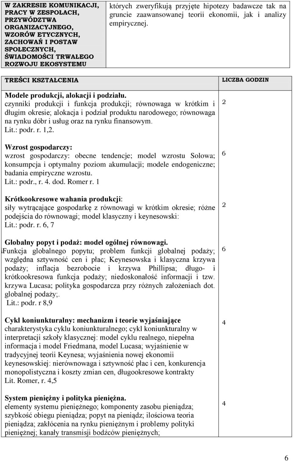 czynniki produkcji i funkcja produkcji; równowaga w krótkim i długim okresie; alokacja i podział produktu narodowego; równowaga na rynku dóbr i usług oraz na rynku finansowym. Lit.: podr. r. 1,2.