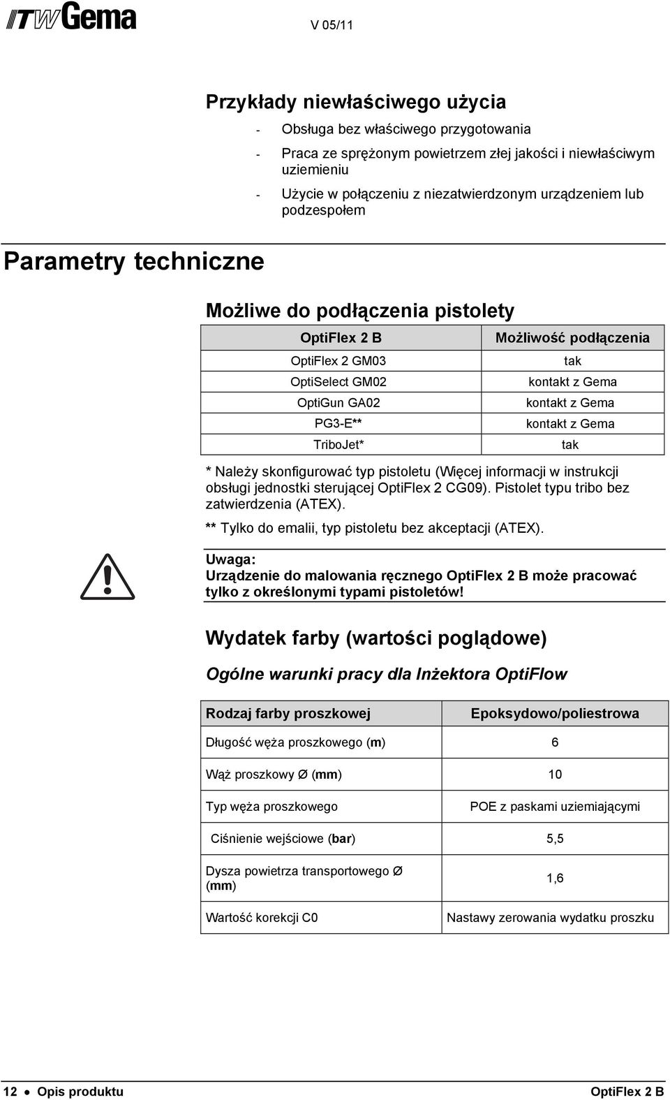 kontakt z Gema kontakt z Gema * Należy skonfigurować typ pistoletu (Więcej informacji w instrukcji obsługi jednostki sterującej OptiFlex 2 CG09). Pistolet typu tribo bez zatwierdzenia (ATEX).