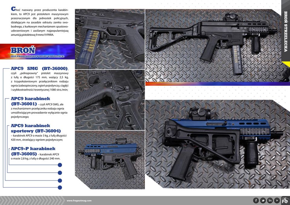 Broń jest produkowana w kilku wariantach: APC9 SMG (BT-36000), czyli pełnoprawny pistolet maszynowy z lufą o długości 175 mm, ważący 2,5 kg, z trzypołożeniowym przełącznikiem rodzaju ognia