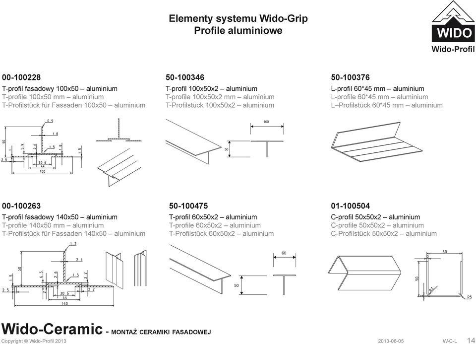 60*45 mm aluminium 100 50 00-100263 T-profil fasadowy 140x50 aluminium T-profile 140x50 mm aluminium T-Profilstück für Fassaden 140x50 aluminium 50-100475 T-profil 60x50x2