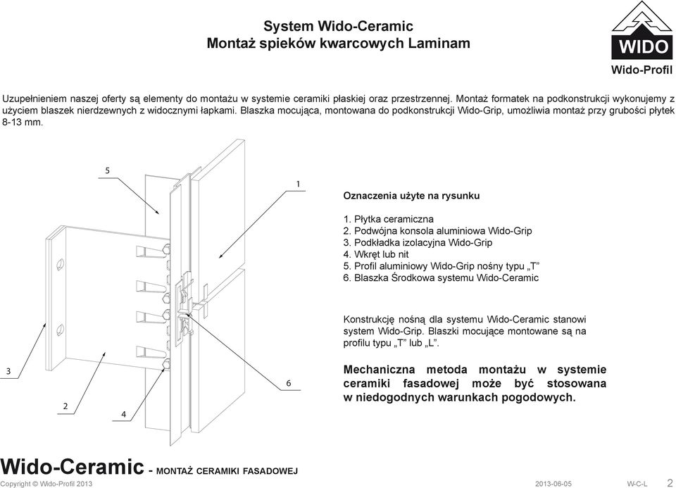 Blaszka mocująca, montowana do podkonstrukcji Wido-Grip, umożliwia montaż przy grubości płytek 8-13 mm. 5 1 Oznaczenia użyte na rysunku 1. Płytka ceramiczna 2. Podwójna konsola aluminiowa Wido-Grip 3.