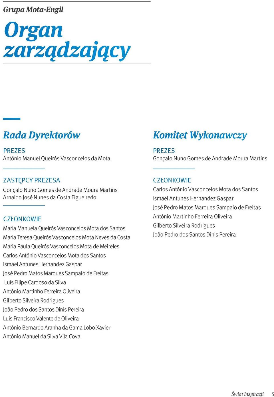 Paula Queirós Vasconcelos Mota de Meireles Carlos António Vasconcelos Mota dos Santos Ismael Antunes Hernandez Gaspar José Pedro Matos Marques Sampaio de Freitas Luís Filipe Cardoso da Silva António