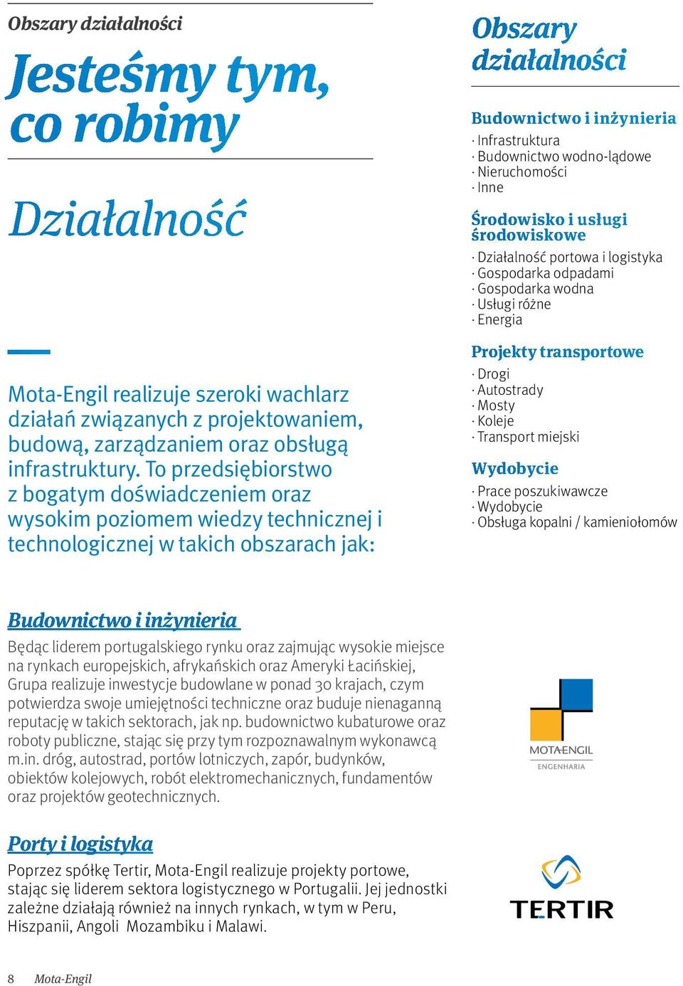 Budownictwo wodno-lądowe Nieruchomości Inne Środowisko i usługi środowiskowe Działalność portowa i logistyka Gospodarka odpadami Gospodarka wodna Usługi różne Energia Projekty transportowe Drogi