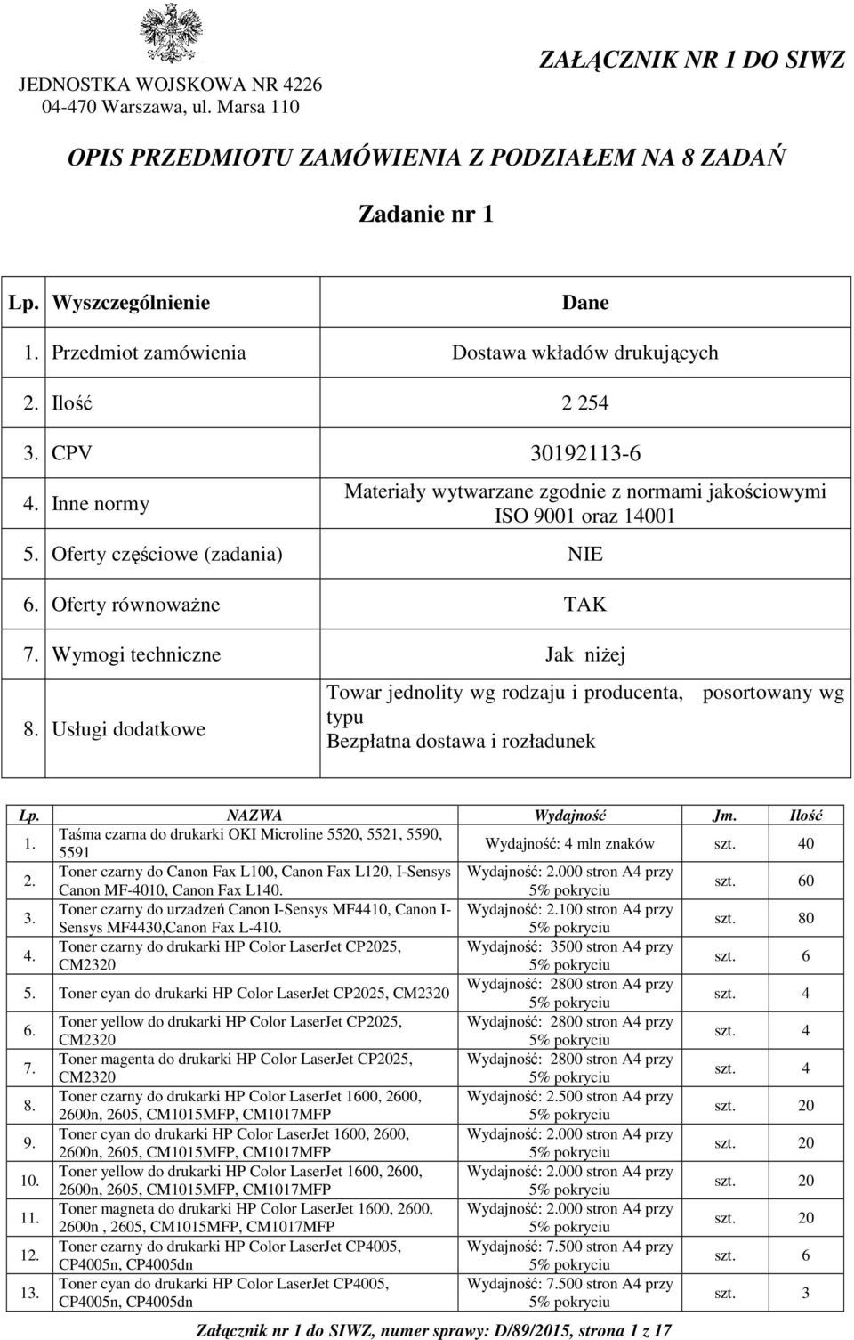 Oferty częściowe (zadania) NIE 6. Oferty równoważne TAK 7. Wymogi techniczne Jak niżej 8.
