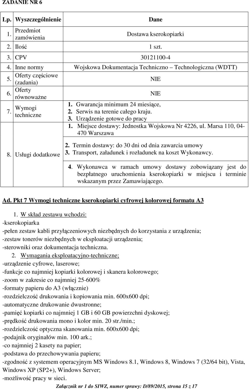 Serwis na terenie całego kraju. 3. Urządzenie gotowe do pracy 1. Miejsce dostawy: Jednostka Wojskowa Nr 4226, ul. Marsa 110, 04-470 Warszawa 8. Usługi dodatkowe 2.
