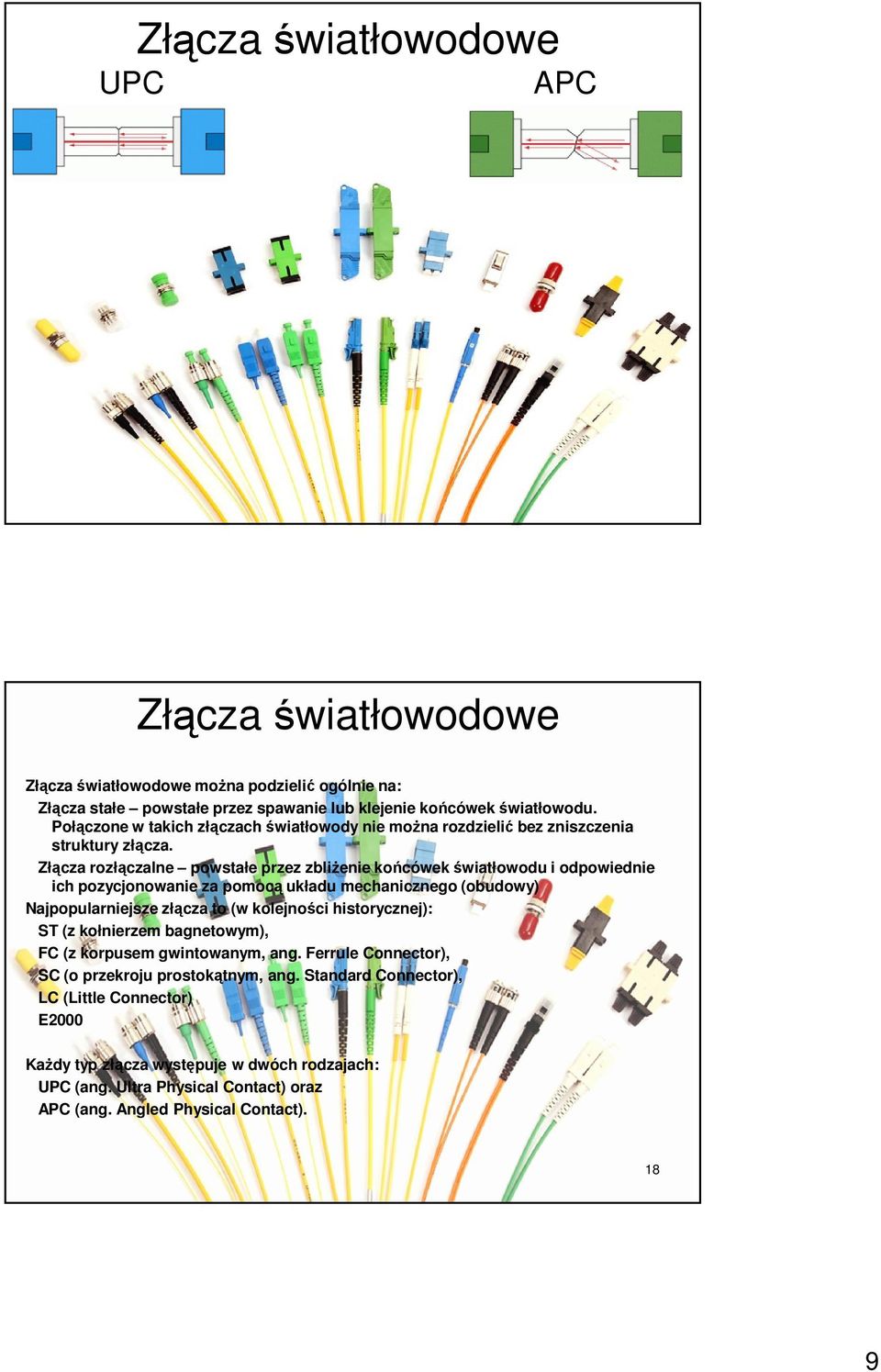 Złącza rozłączalne powstałe przez zbliżenie końcówek światłowodu i odpowiednie ich pozycjonowanie za pomocą układu mechanicznego (obudowy) Najpopularniejsze złącza to (w kolejności