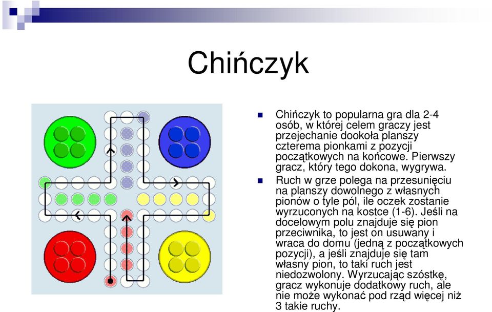 Ruch w grze polega na przesunięciu na planszy dowolnego z własnych pionów o tyle pól, ile oczek zostanie wyrzuconych na kostce (1-6).