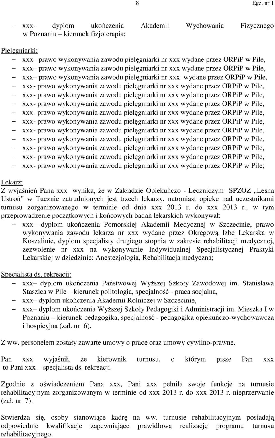 przez ORPiP w Pile; Lekarz: Z wyjaśnień Pana xxx wynika, że w Zakładzie Opiekuńczo - Leczniczym SPZOZ Leśna Ustroń w Tucznie zatrudnionych jest trzech lekarzy, natomiast opiekę nad uczestnikami