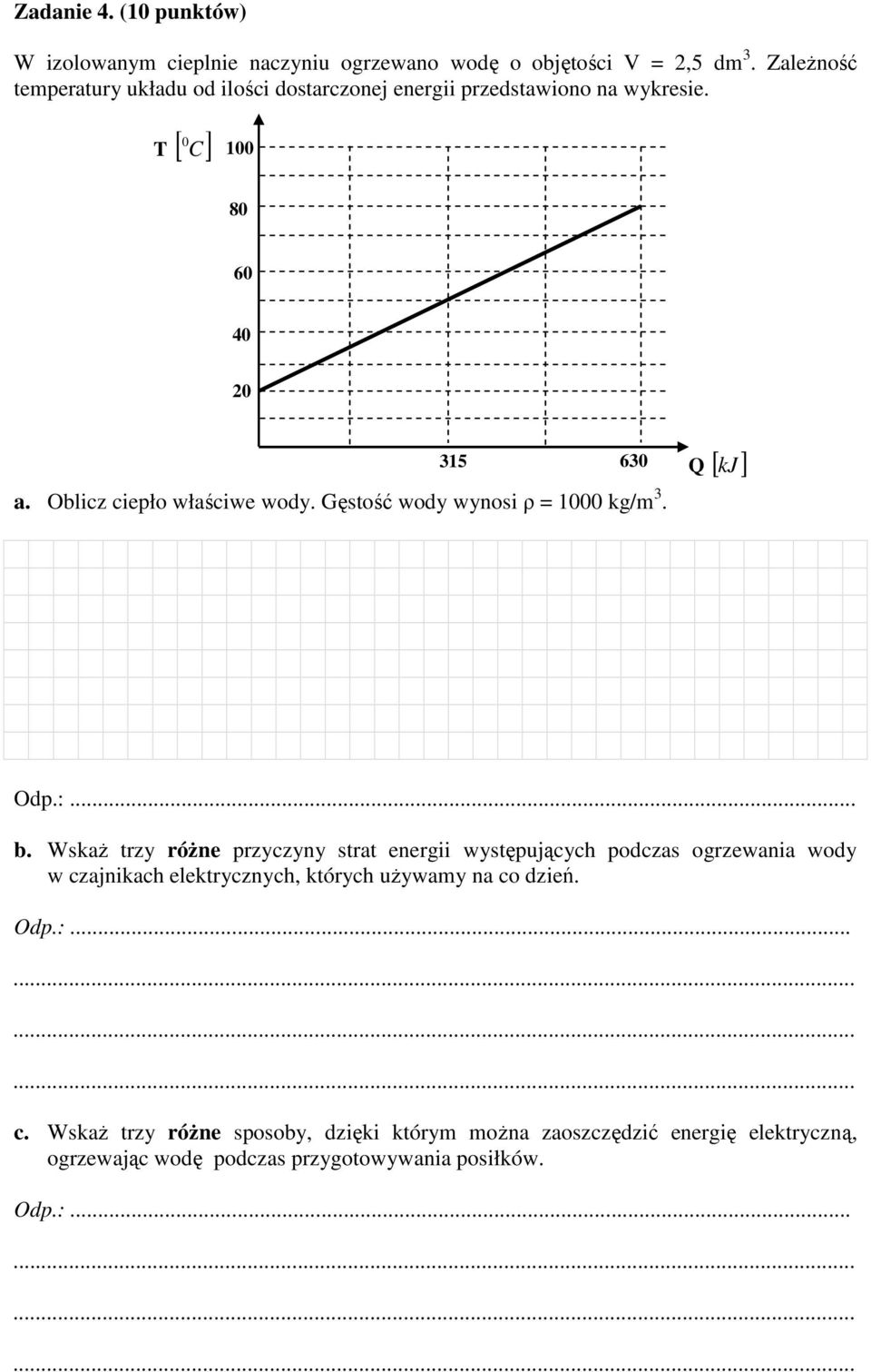 Oblicz ciepło właściwe wody. Gęstość wody wynosi ρ = 1000 kg/m 3. 630 Q [ kj ] b.