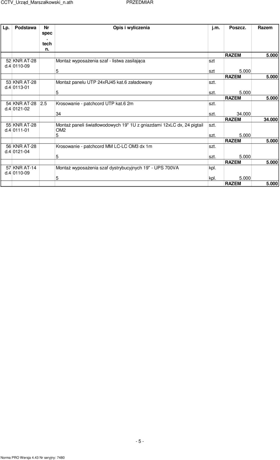 szt 5.000 5.000 Montaż panelu UTP 24xRJ45 kat.6 załadowany 5 5.000 5.000 2.5 Krosowanie - patchcord UTP kat.6 2 34 34.000 34.