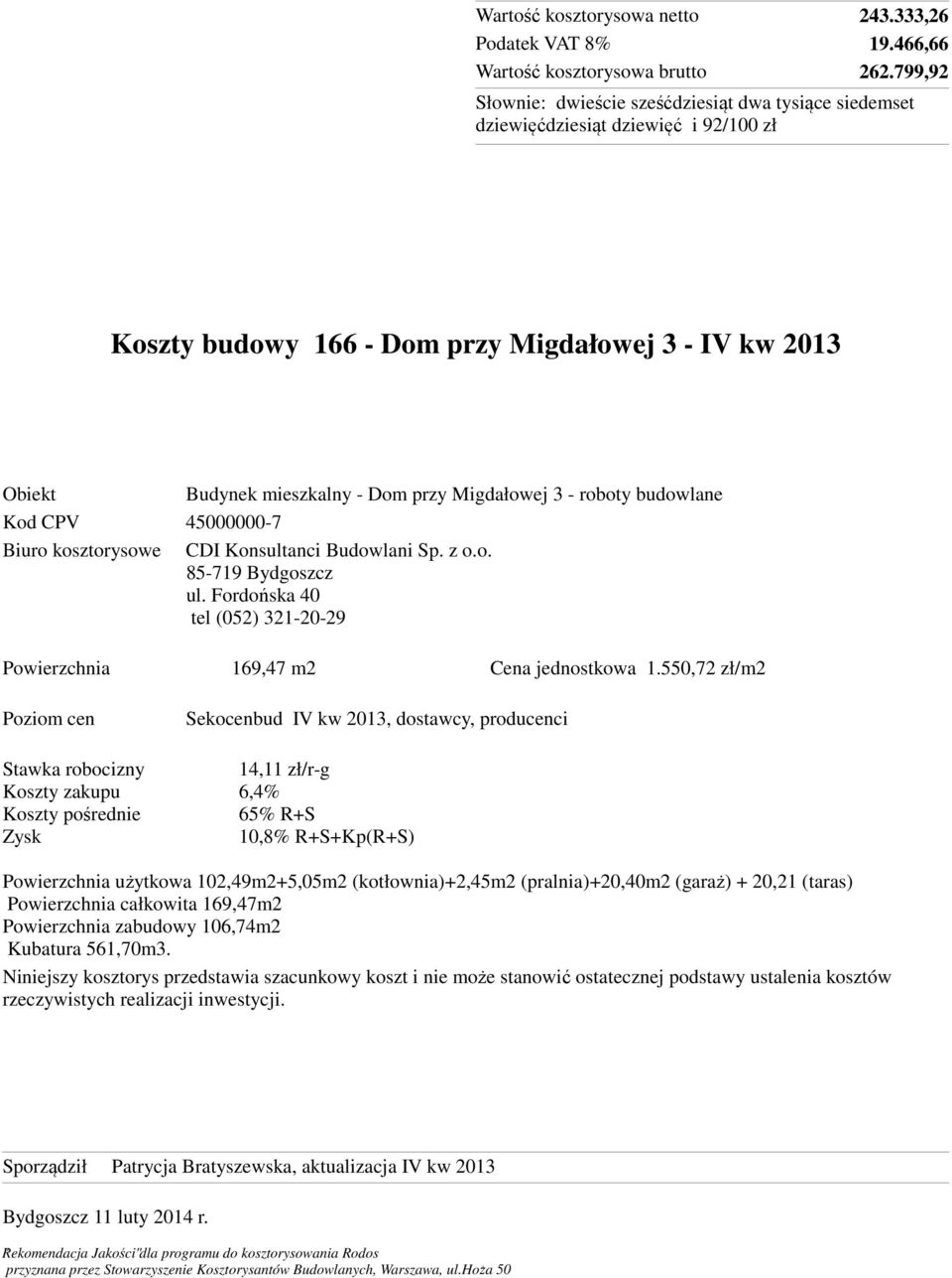 CDI Konsultanci Budowlani Sp. z o.o. 85-719 Bydgoszcz ul. Fordońska 40 tel (052) 321-20-29 Powierzchnia 169,47 m2 Cena jednostkowa 1.