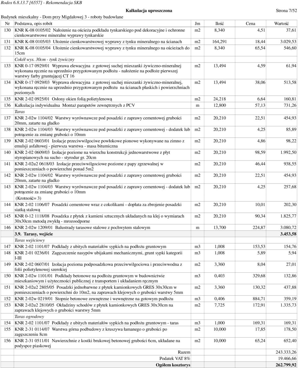 029,53 132 KNR K-08 0105/04 Ułożenie cienkowarstwowej wyprawy z tynku mineralnego na ościeżach do m2 8,340 65,54 546,60 15cm Cokół wys.