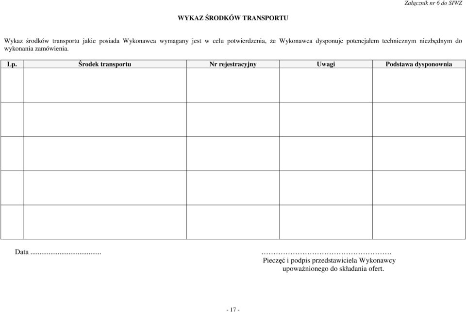 niezbędnym do wykonania zamówienia. Lp.