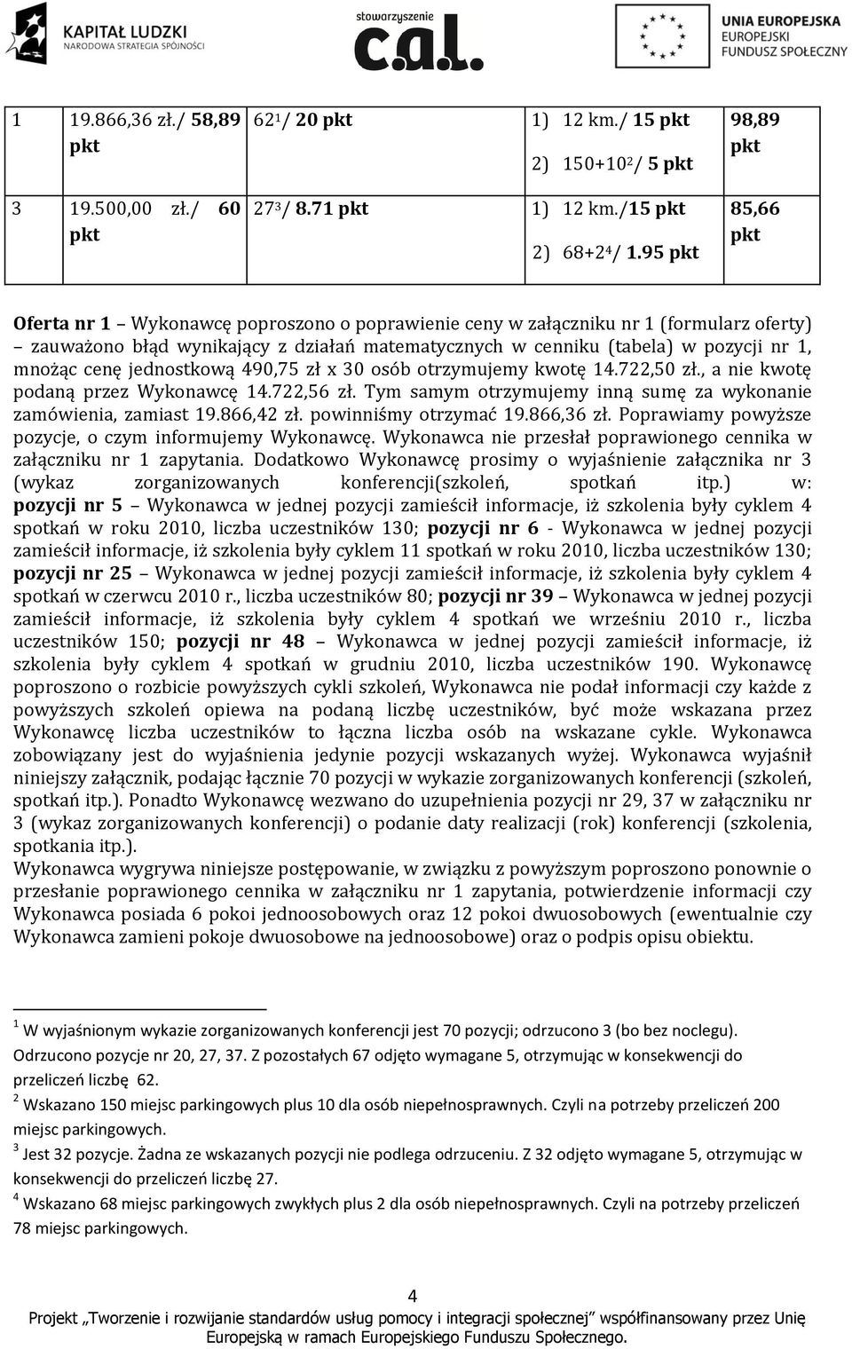 cenę jednostkową 490,75 zł x 30 osób otrzymujemy kwotę 14.722,50 zł., a nie kwotę podaną przez Wykonawcę 14.722,56 zł. Tym samym otrzymujemy inną sumę za wykonanie zamówienia, zamiast 19.866,42 zł.