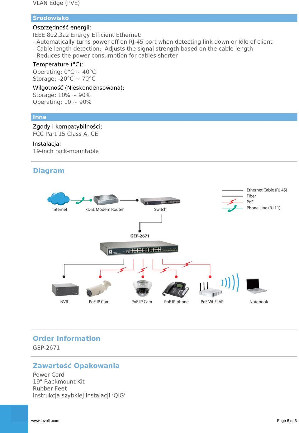 strength based on the cable length - Reduces the power consumption for cables shorter Temperature ( C): Operating: 0 C ~ 40 C Storage: -20 C ~ 70 C Wilgotność