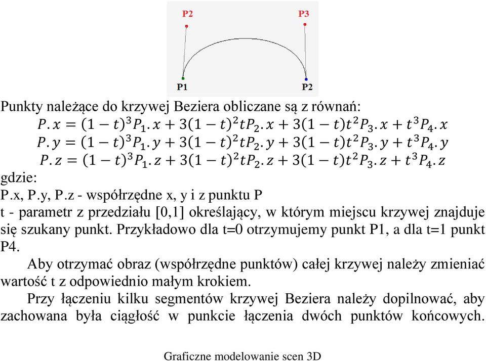 z - współrzędne x, y i z punktu P t - parametr z przedziału [0,1] określający, w którym miejscu krzywej znajduje się szukany punkt.