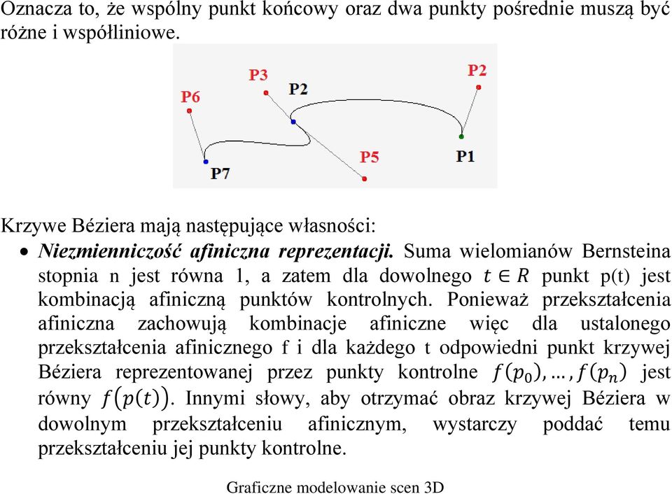 Suma wielomianów Bernsteina stopnia n jest równa 1, a zatem dla dowolnego t R punkt p(t) jest kombinacją afiniczną punktów kontrolnych.