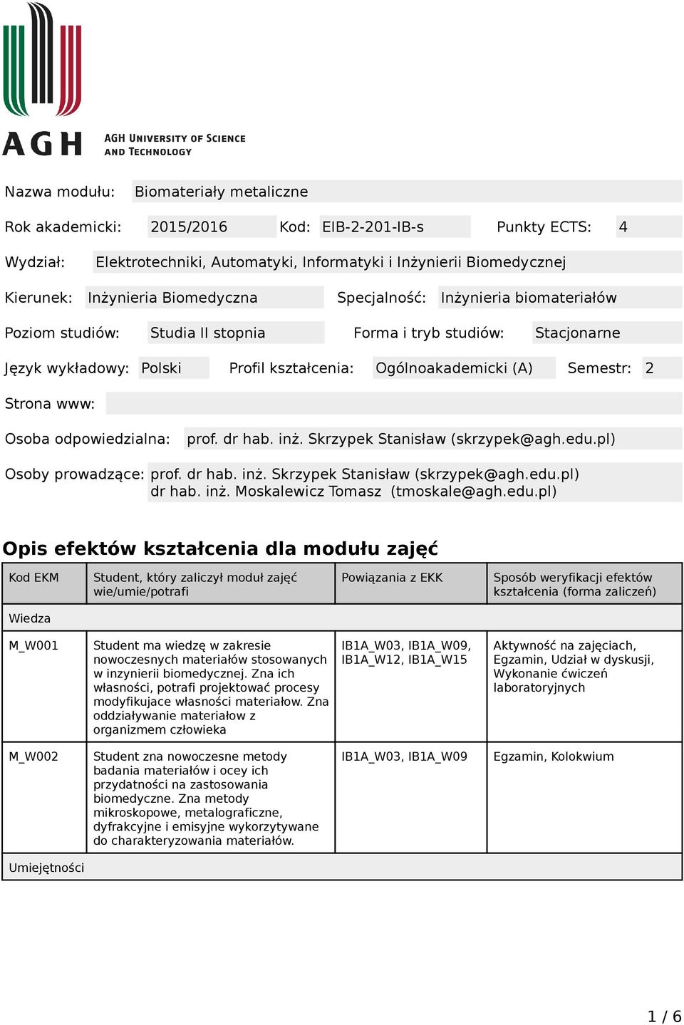 Strona www: Osoba odpowiedzialna: prof. dr hab. inż. Skrzypek Stanisław (skrzypek@agh.edu.pl) Osoby prowadzące: prof. dr hab. inż. Skrzypek Stanisław (skrzypek@agh.edu.pl) dr hab. inż. Moskalewicz Tomasz (tmoskale@agh.